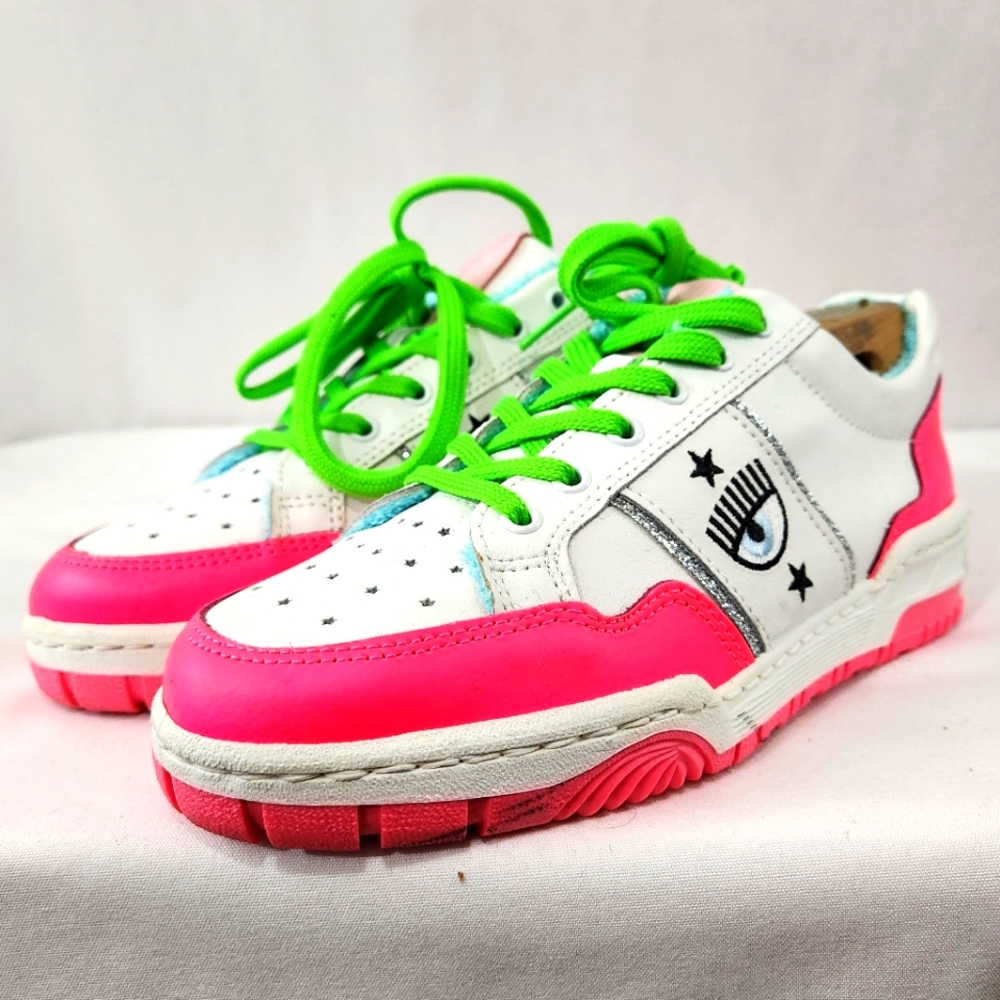 BNWOB CHIARA FERRAGNI Women CF-1 Sneakers Bianco Pink White Made Italy sz 38 / 8